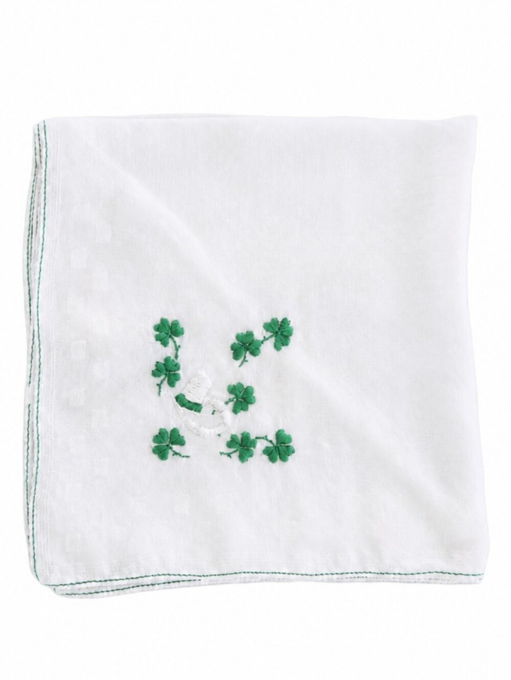 Vintage Irish Shamrock Handkerchief Embroidered Clay Pipe Sheer Hankie 11x11